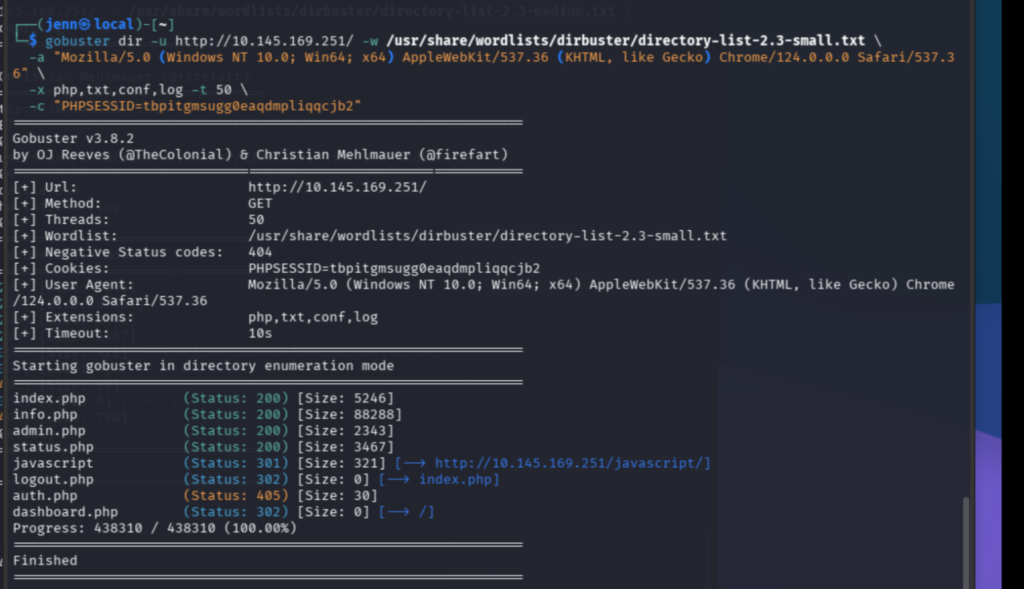 gobuster results showing /status.php returning 200
